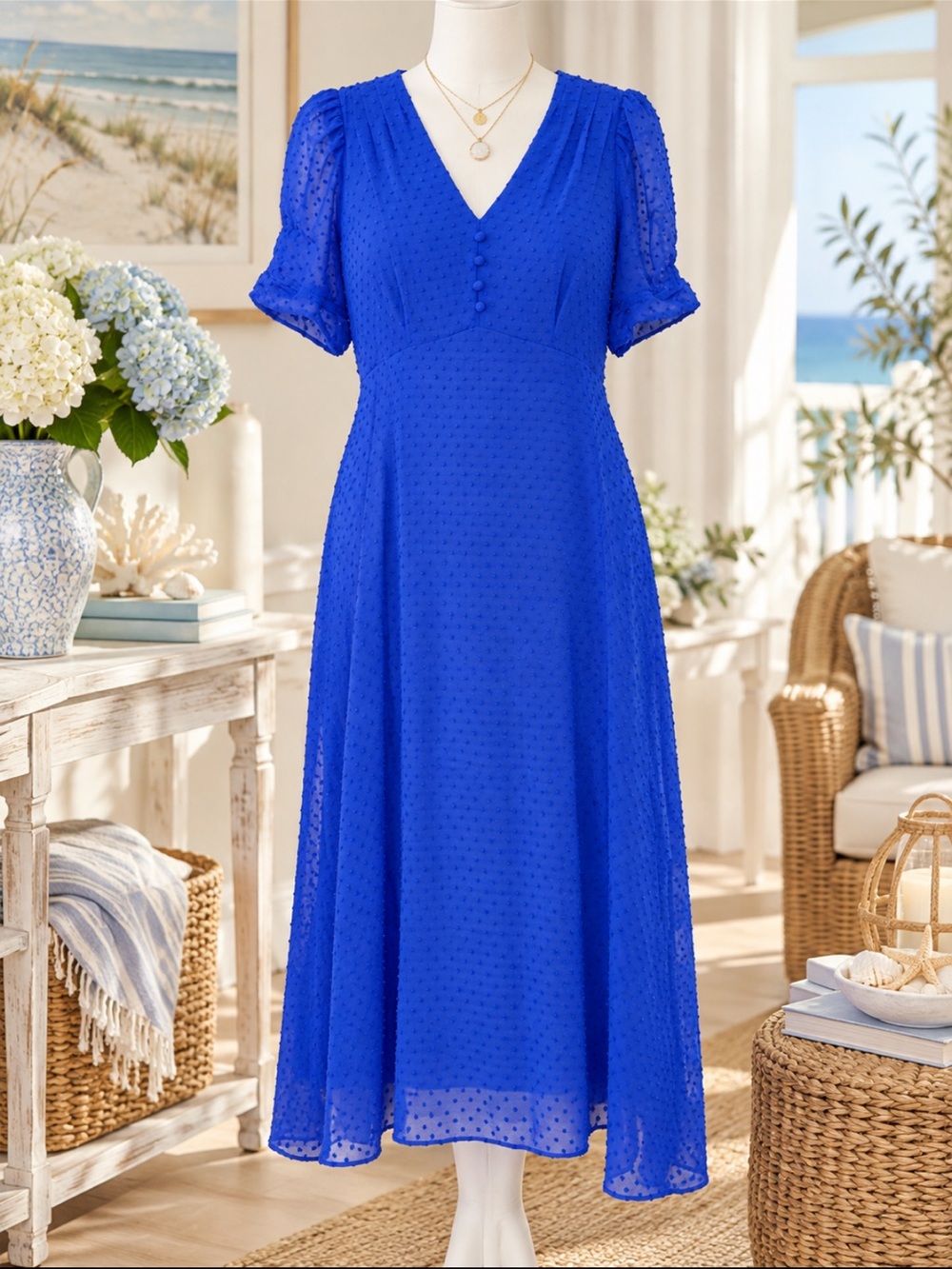 DKNY Coastal Chic Midi Dress Preppy Wedding Guest Modest